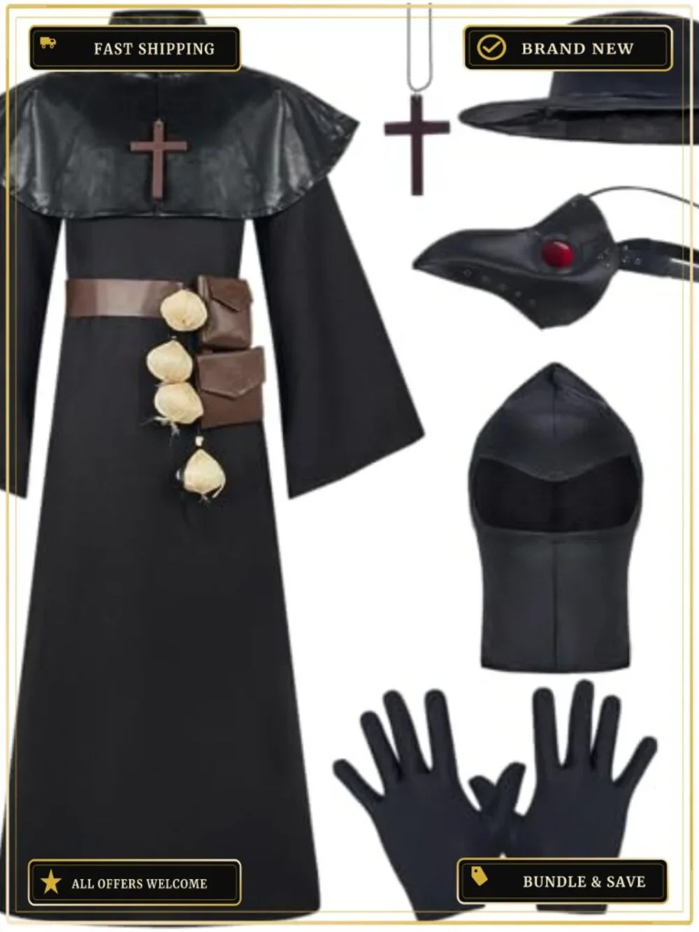 Kids Plague Doctor Costume 10-in-1 Halloween Set Robe Mask Cosplay